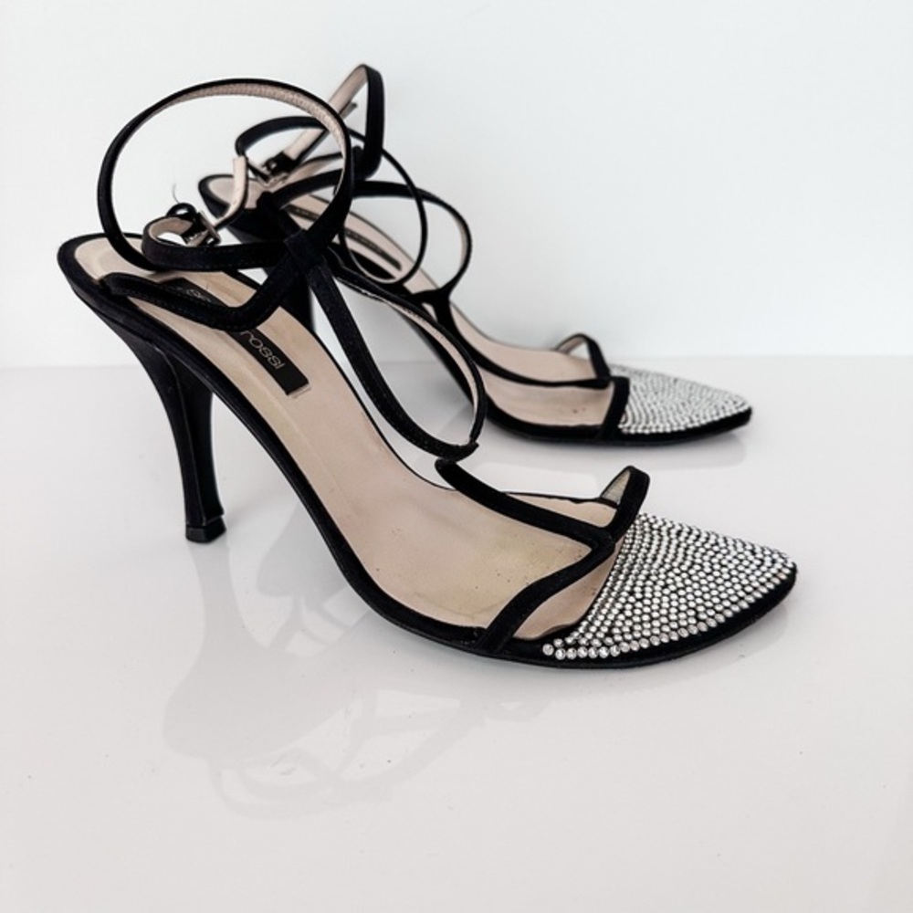 Sergio Rossi T-Strap Black Satin & Rhinestone Heels Size 37.5 W/Box & Dust Bag